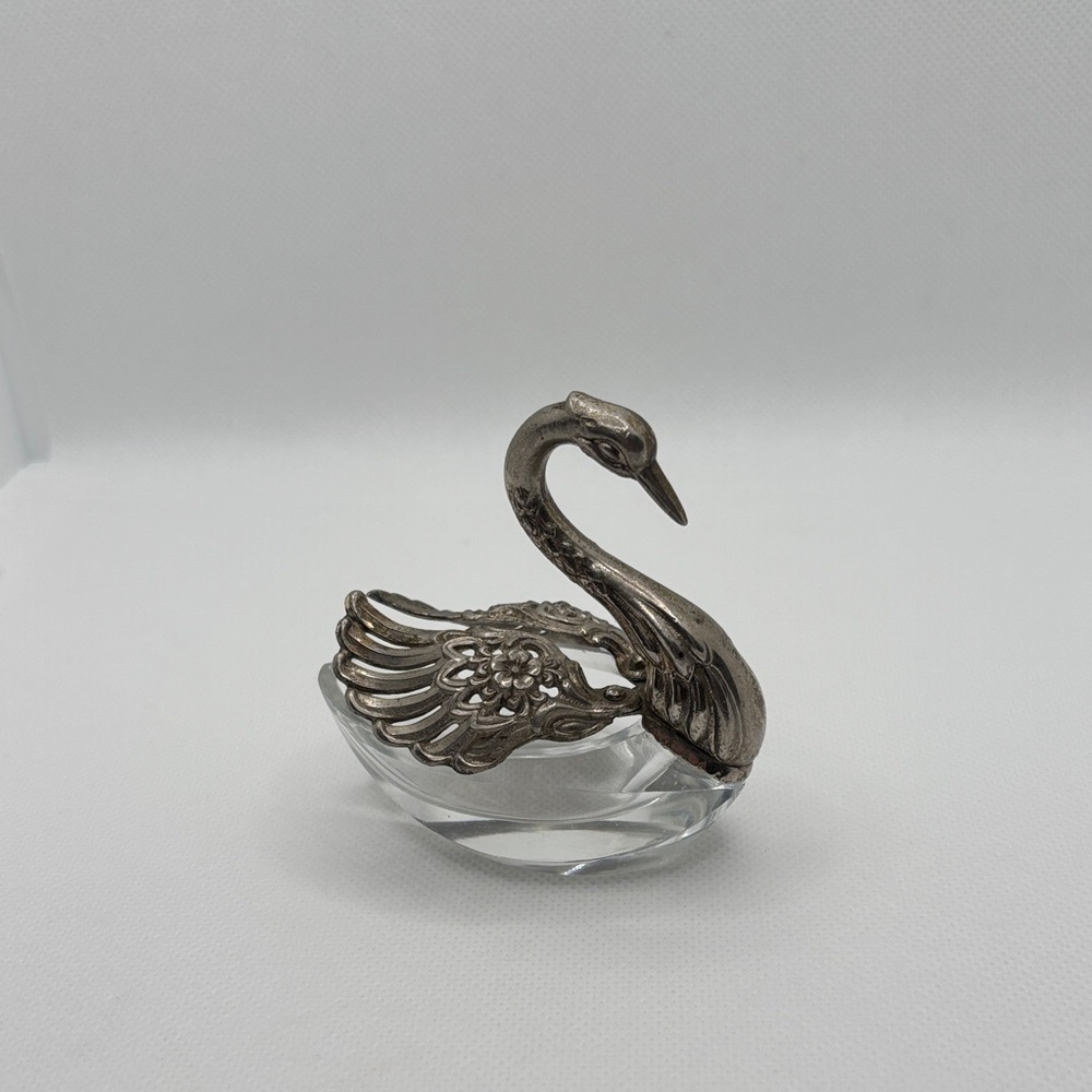 Vintage Silver Color maybe Plate Glass Swan Salt Cellars Movable Wings